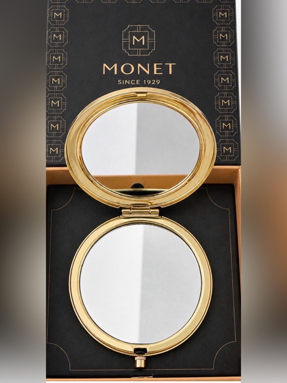 Monet Gold and Black Filigree Compact with Clear Rhinestones - Picture 2 of 6